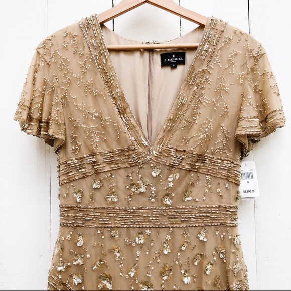 J. Mendel Floral Embroidered Tulle Midi Dress Gold - Picture 4 of 16